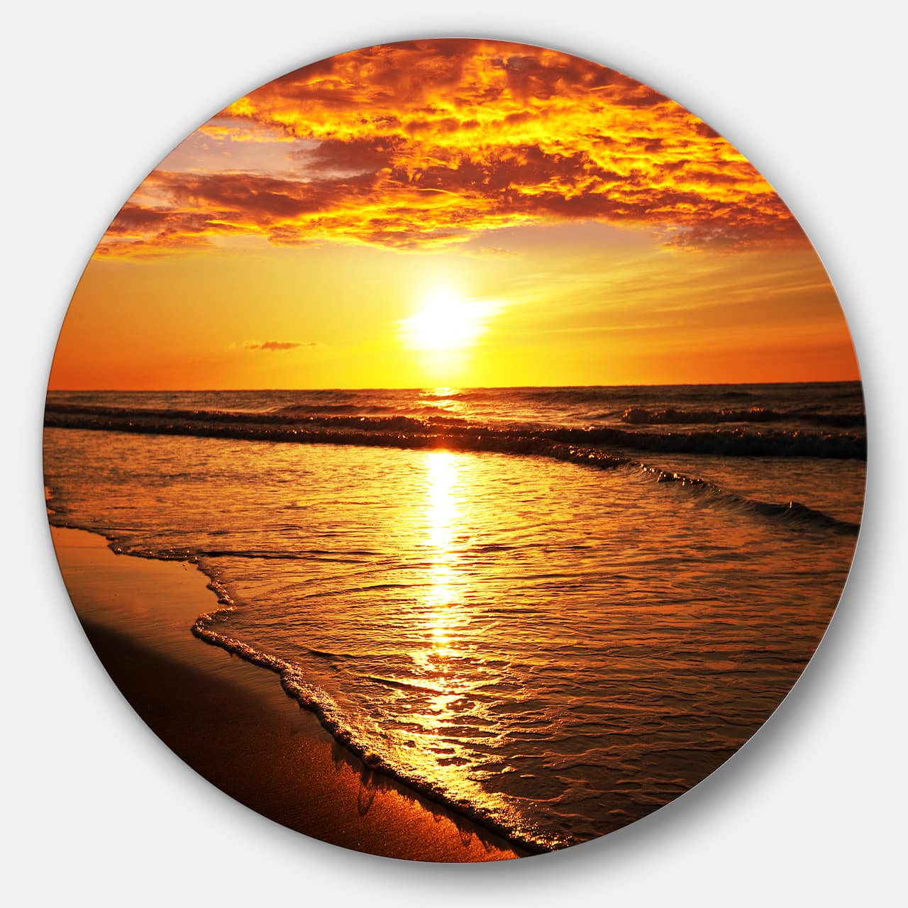 Designart - Bright Yellow Sunset over Waves' Beach Metal Circle Wall Art